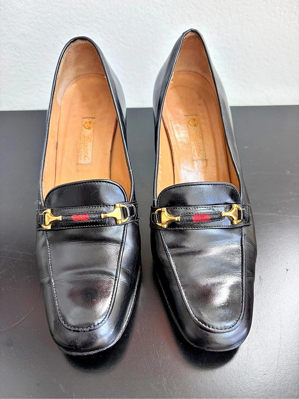 Vintage 1970’s Gucci Horsebit Web Stripe Heel Loafers Black EU 37 run small